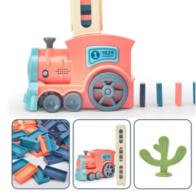 Jouet train domino rose et bleu avec pièces de domino multicolores, cactus vert en plastique, idéal pour enfants, jeu éducatif et amusant.