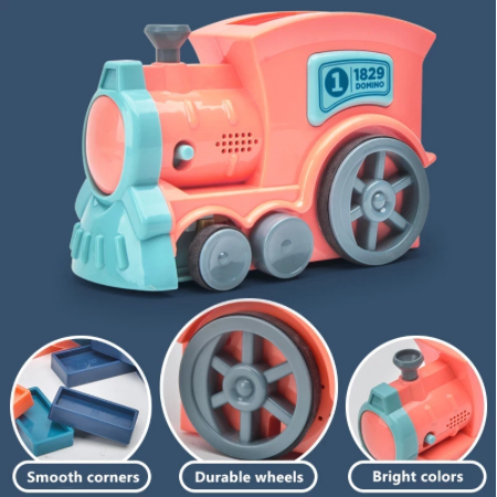 Locomotive jouet en plastique orange et bleu avec roues durables, coins arrondis et couleurs vives, idéale pour enfants. Numéro 1829 Domino visible.
