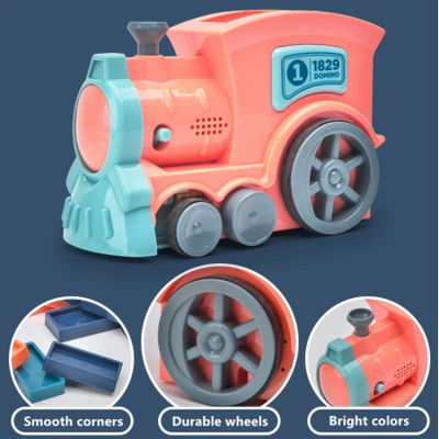 Locomotive jouet en plastique orange et bleu avec roues durables, coins arrondis et couleurs vives, idéale pour enfants. Numéro 1829 Domino visible.