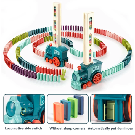 Locomotive jouet bleu posant des dominos colorés en cercle, avec interrupteur latéral, coins arrondis, pose automatique. Jeu éducatif pour enfants.