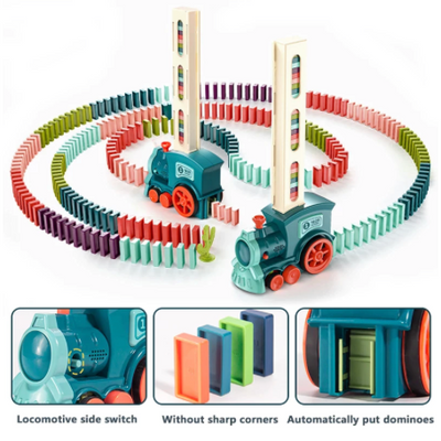 Locomotive jouet bleu posant des dominos colorés en cercle, avec interrupteur latéral, coins arrondis, pose automatique. Jeu éducatif pour enfants.