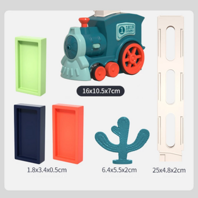 Jouet train bleu et orange avec accessoires colorés, cactus décoratif, et étagères murales. Dimensions variées, idéal pour chambre d'enfant.