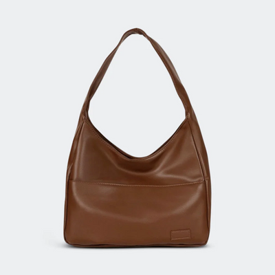 Sac à main en cuir marron, design moderne et minimaliste, avec une large anse. Accessoire de mode élégant pour femme, idéal pour un usage quotidien.