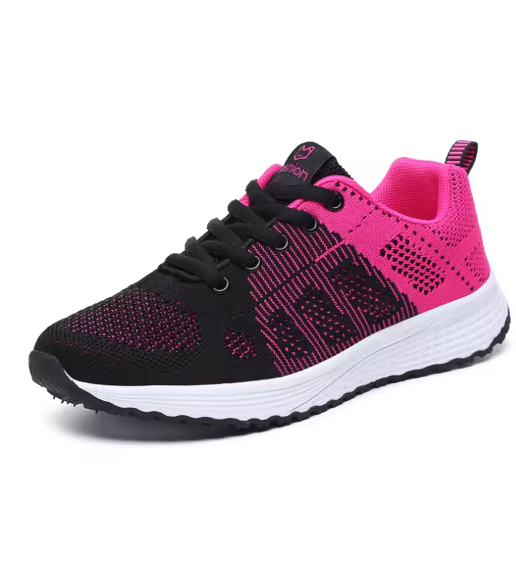 Chaussure de sport femme noire et rose, semelle blanche, design moderne, idéale pour course à pied et fitness. Confort et style assurés.