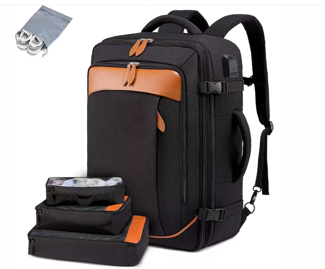 Sac à dos de voyage noir avec accents marron, compartiments multiples, et accessoires de rangement. Idéal pour bagage cabine et organisation.