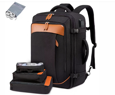 Sac à dos de voyage noir avec accents marron, compartiments multiples, et accessoires de rangement. Idéal pour bagage cabine et organisation.