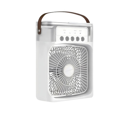 Ventilateur portable blanc avec poignée marron, design compact, boutons de contrôle en façade. Idéal pour rafraîchir les petits espaces.