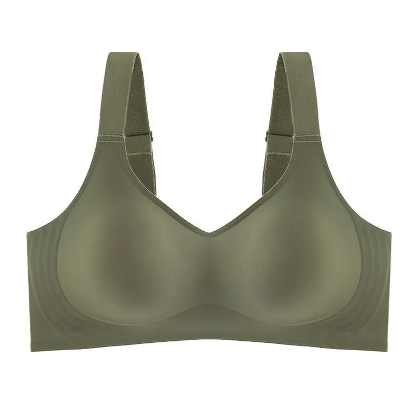 Soutien-gorge sans couture vert olive, design minimaliste, bretelles larges, confort quotidien, lingerie féminine moderne, tissu doux et extensible.