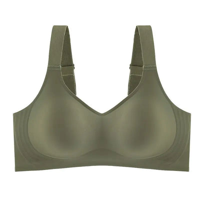 Soutien-gorge sans couture vert olive, design minimaliste, bretelles larges, confort quotidien, lingerie féminine moderne, tissu doux et extensible.
