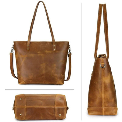 Sac à main en cuir marron vintage pour femme, avec bandoulière amovible, design élégant et spacieux, idéal pour le quotidien et les voyages.