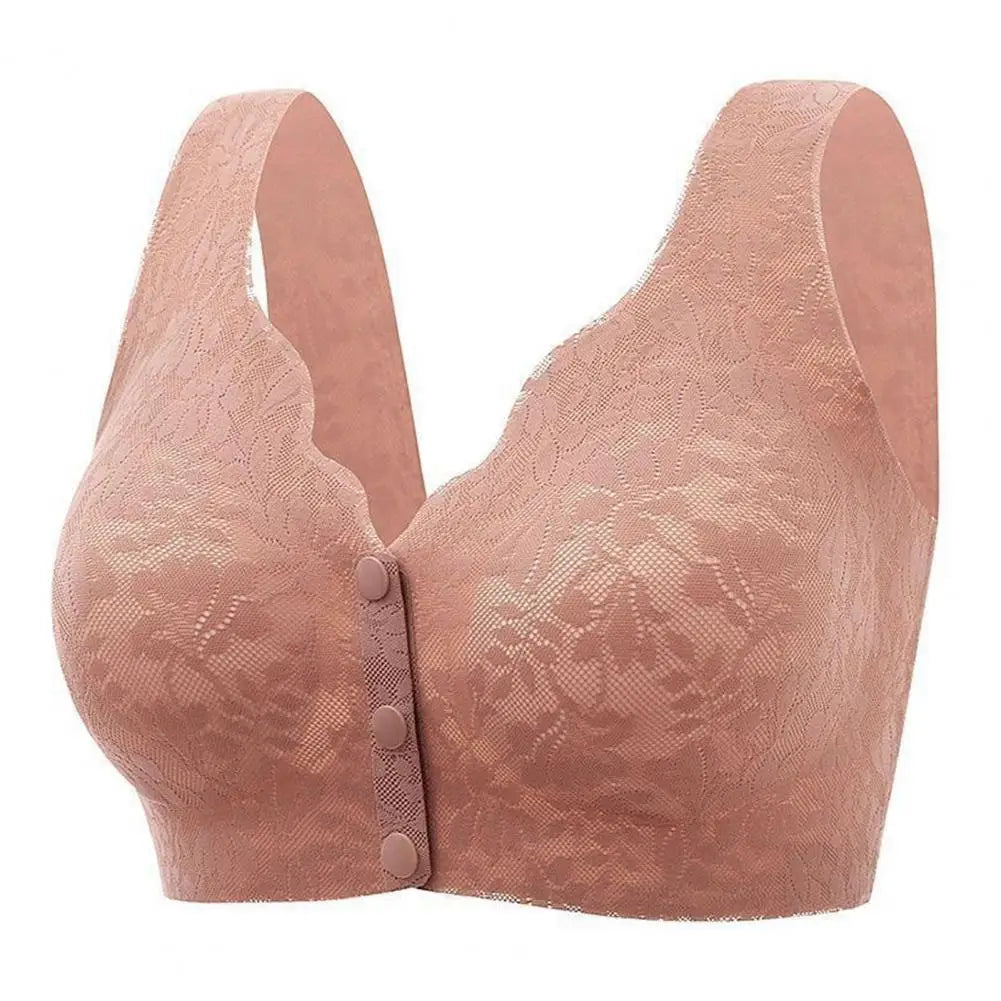 Soutien-gorge en dentelle rose sans armature, fermeture avant, design confortable, lingerie féminine élégante, sous-vêtement doux et respirant.