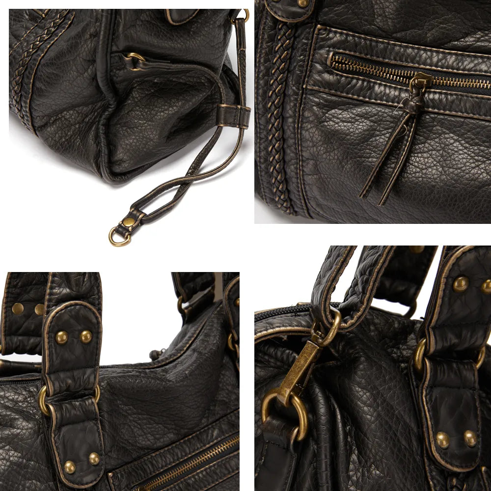 Sac à main en cuir noir avec détails dorés, fermetures éclair et coutures tressées. Design élégant et moderne, parfait pour la mode féminine.