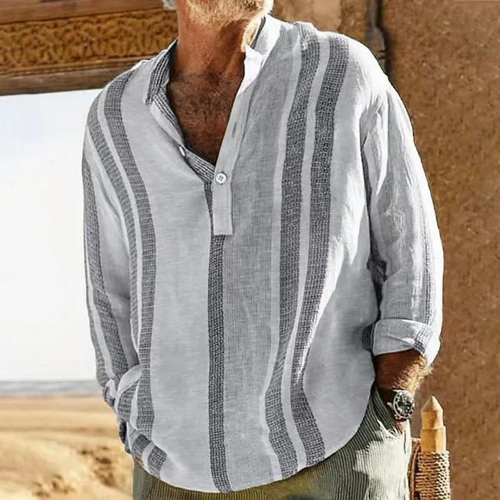 Chemise homme - 100% lin - Coupe décontractée - Motif rayé - Col grand-père