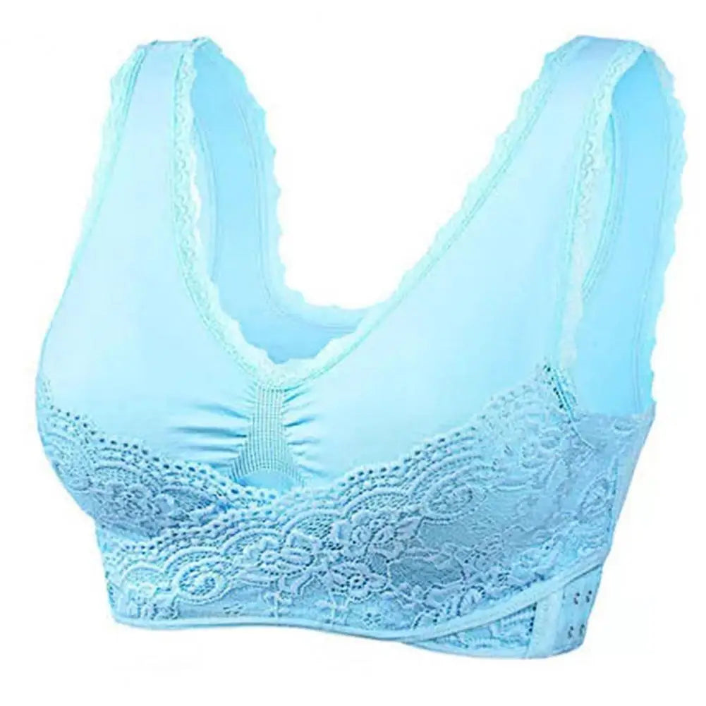 Soutien-gorge bleu clair en dentelle, sans armature, design confortable, idéal pour un maintien quotidien. Lingerie féminine élégante et douce.