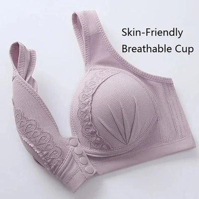 Soutien-gorge violet sans couture, respirant et doux pour la peau, avec bonnets texturés et fermeture à boutons, idéal pour confort quotidien.