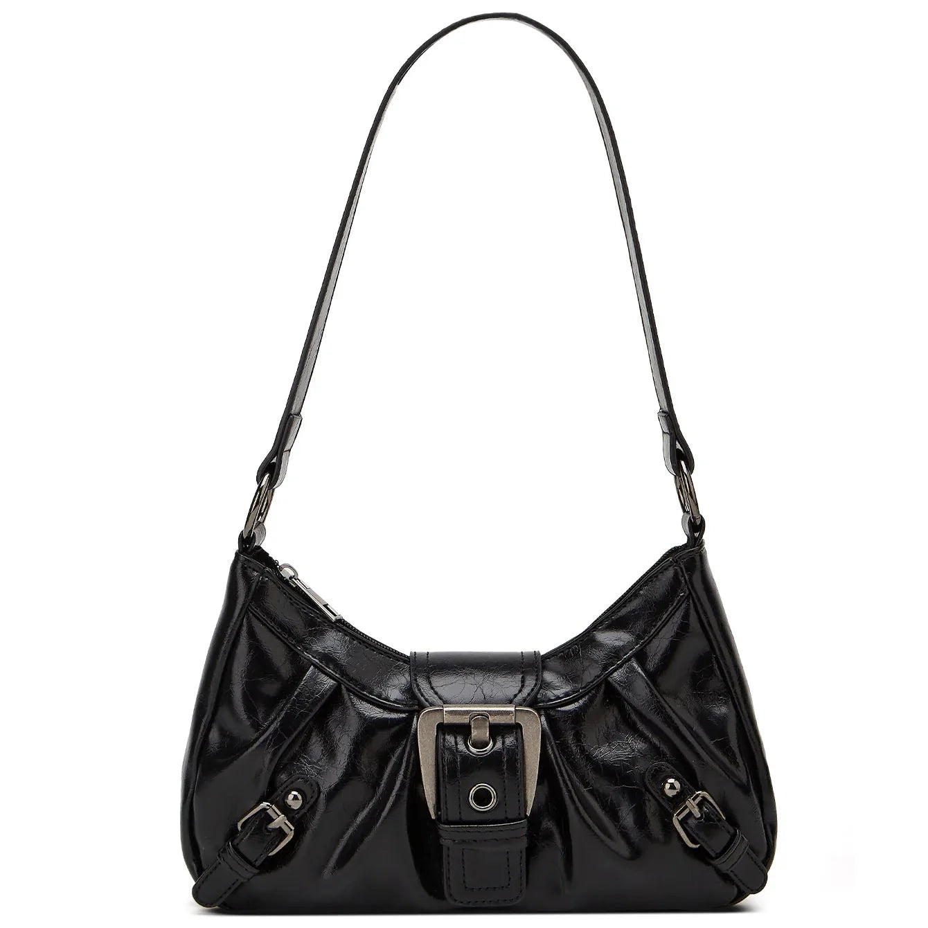 Sac à main noir en cuir avec bandoulière, boucle métallique et plis élégants. Accessoire de mode chic pour femmes, tendance et sophistiqué.