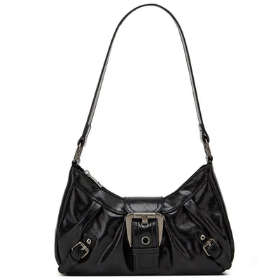 Sac à main noir en cuir avec bandoulière, boucle métallique et plis élégants. Accessoire de mode chic pour femmes, tendance et sophistiqué.