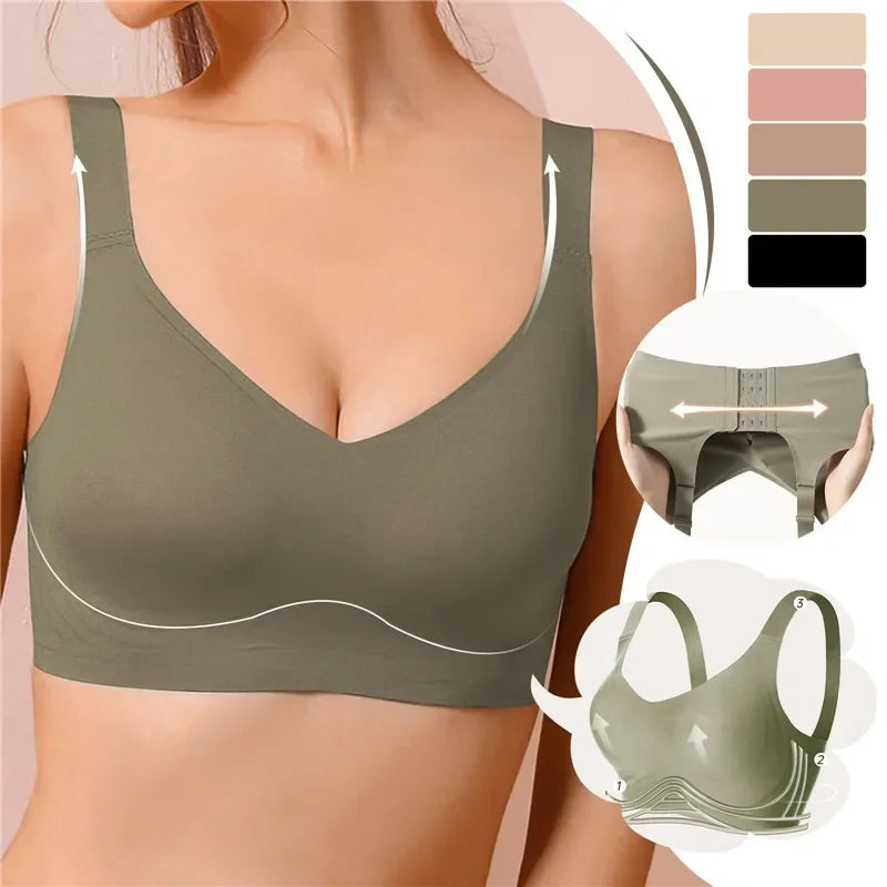 Soutien-gorge sans couture vert olive, design confortable, bretelles larges, illustration ajustement parfait, options de couleurs variées.