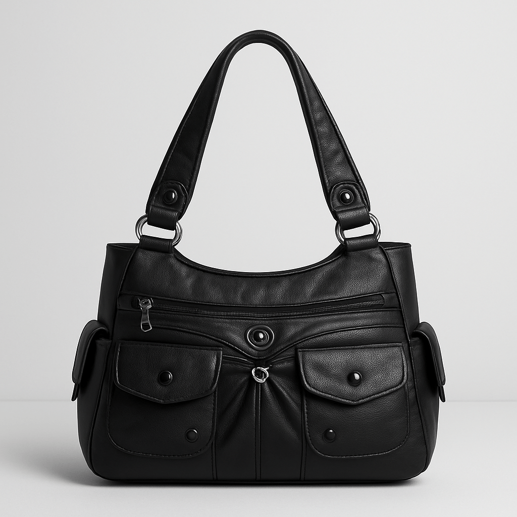 Sac à main noir en cuir avec poches avant et fermeture éclair, design élégant et moderne, accessoire mode femme, idéal pour toutes occasions.