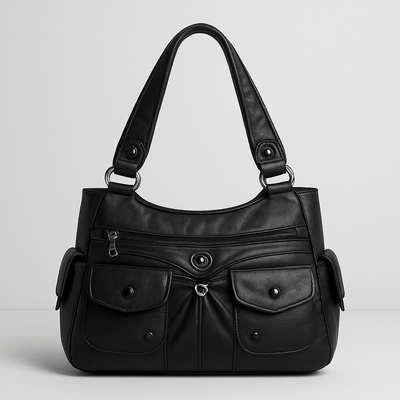 Sac à main noir en cuir avec poches avant et fermeture éclair, design élégant et moderne, accessoire mode femme, idéal pour toutes occasions.