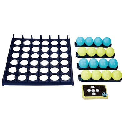 Jeu de société Puissance 4 avec grille noire, boules bleues et jaunes, et carte de jeu. Jeu de stratégie pour enfants et adultes.
