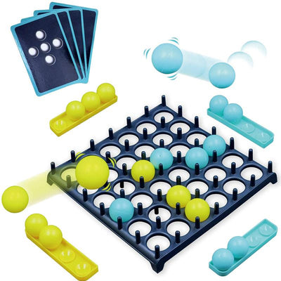 Jeu de société d'adresse avec plateau bleu, balles jaunes et bleues, cartes de jeu. Idéal pour enfants, développement de la coordination.