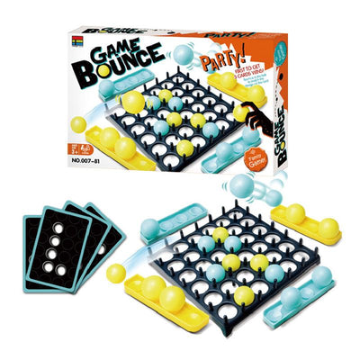 Jeu de société Game Bounce avec plateau, balles jaunes et bleues, cartes de jeu. Idéal pour soirées, divertissement familial, stratégie amusante.