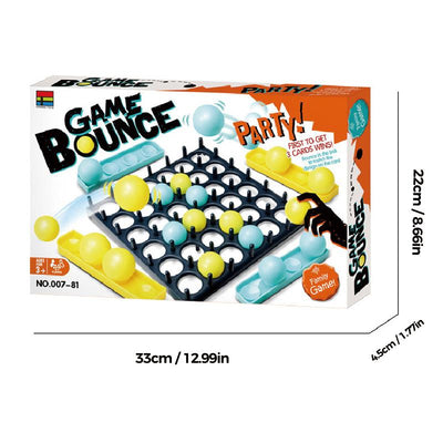 Boîte de jeu "Game Bounce Party" avec plateau noir, balles jaunes et bleues. Dimensions: 33x22x4,5 cm. Jeu familial amusant et interactif.