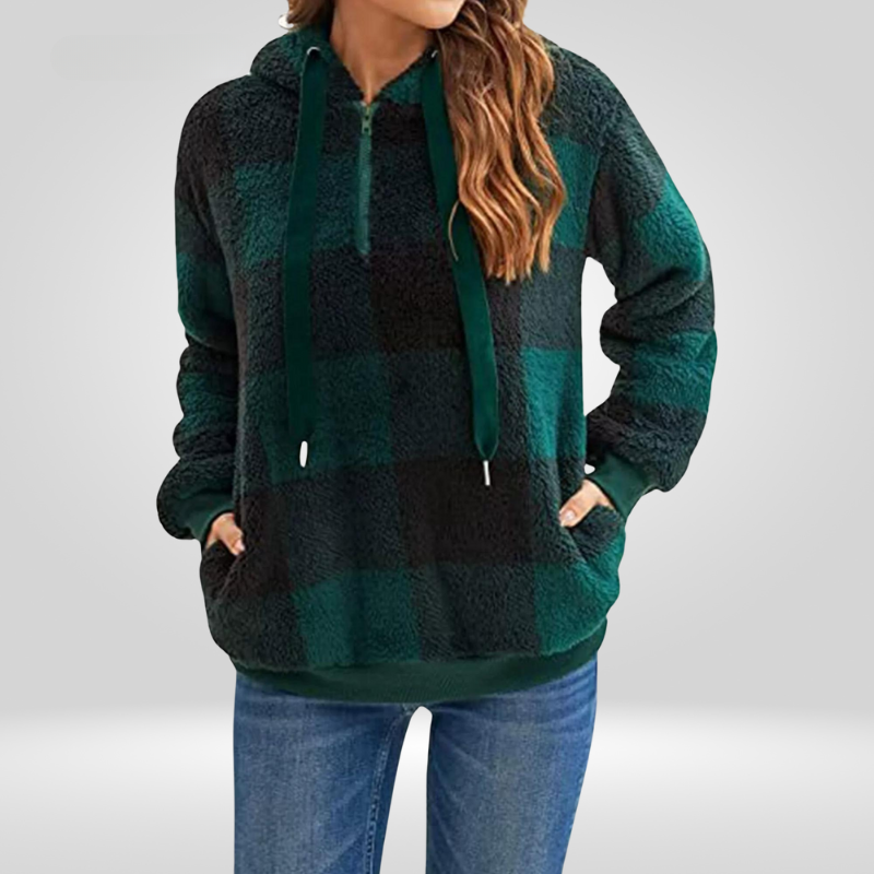 Sudadera con capucha para mujer - Tejido suave - Corte holgado - Media cremallera - Estampado a cuadros - Con capucha