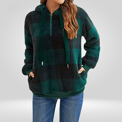 Sudadera con capucha para mujer - Tejido suave - Corte holgado - Media cremallera - Estampado a cuadros - Con capucha