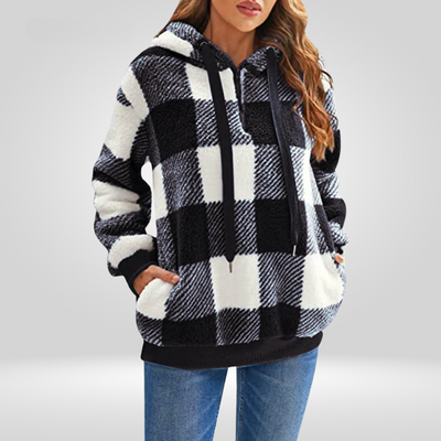 Sudadera con capucha para mujer - Tejido suave - Corte holgado - Media cremallera - Estampado a cuadros - Con capucha