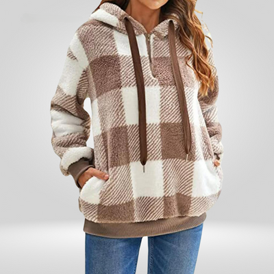 Sudadera con capucha para mujer - Tejido suave - Corte holgado - Media cremallera - Estampado a cuadros - Con capucha