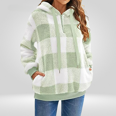 Sudadera con capucha para mujer - Tejido suave - Corte holgado - Media cremallera - Estampado a cuadros - Con capucha