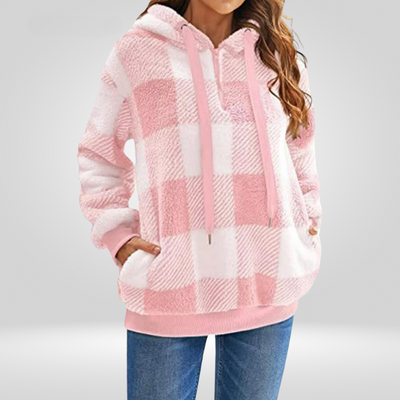 Sudadera con capucha para mujer - Tejido suave - Corte holgado - Media cremallera - Estampado a cuadros - Con capucha