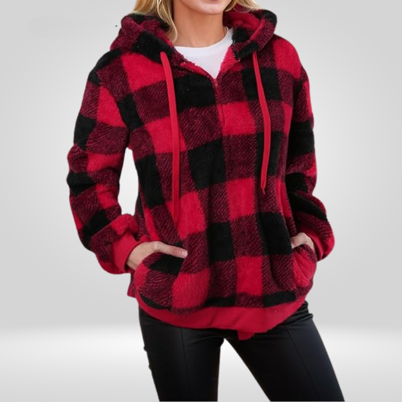Sudadera con capucha para mujer - Tejido suave - Corte holgado - Media cremallera - Estampado a cuadros - Con capucha
