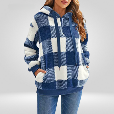 Sudadera con capucha para mujer - Tejido suave - Corte holgado - Media cremallera - Estampado a cuadros - Con capucha