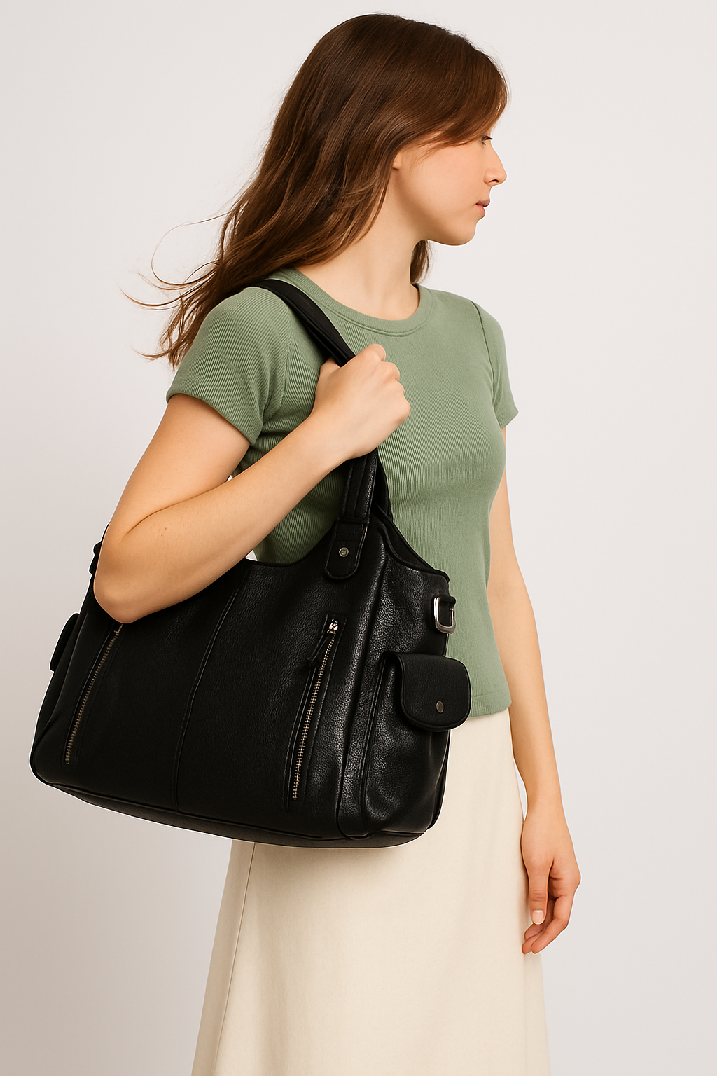Femme portant un sac à main noir en cuir, design élégant avec poches zippées, tenue décontractée, t-shirt vert, jupe beige, mode féminine tendance.