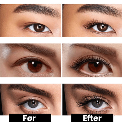 Comparaison avant-après de cils avec mascara, montrant des cils plus longs et volumineux après application. Maquillage yeux, beauté, cosmétique.