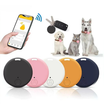 Traceur GPS pour animaux de compagnie, chiens et chats, avec application mobile. Dispositifs ronds multicolores, suivi en temps réel, sécurité animale.