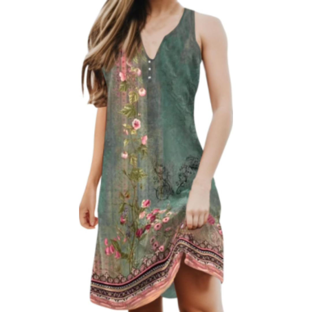 Robe d'été verte sans manches avec motifs floraux roses, ourlet décoratif, style décontracté pour femme. Mode estivale élégante et tendance.