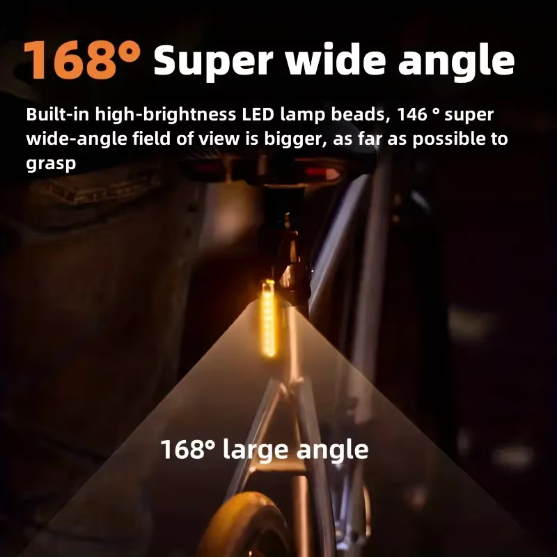 Vélo avec feu arrière LED, angle ultra-large 168°, visibilité nocturne améliorée, sécurité cycliste, éclairage haute luminosité.