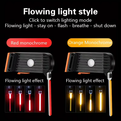 Lampe LED vélo avec effets lumineux rouge et orange, modes clignotant, fixe, respiration. Éclairage de sécurité pour cyclisme nocturne.