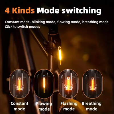 Lampe de vélo LED avec quatre modes : constant, clignotant, fluide, respiration. Éclairage arrière pour sécurité nocturne. Mode commutable facile.