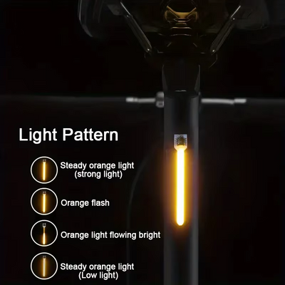 Lampe de vélo LED avec quatre modes : lumière orange fixe, flash orange, lumière orange fluide, lumière orange faible. Éclairage vélo sécurité.