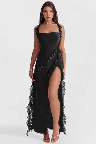 Melantha Robe pour femme - Bretelles réglables - Détail des volants - Fente haute - Coupe élégante