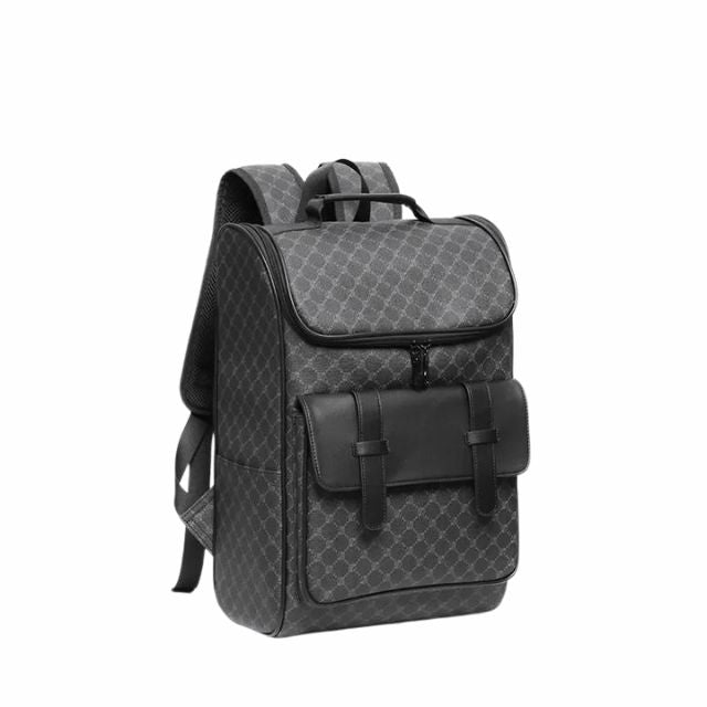 Sac à dos en cuir noir élégant avec motif géométrique, poche avant à rabat, idéal pour le voyage et le quotidien. Accessoire mode tendance.