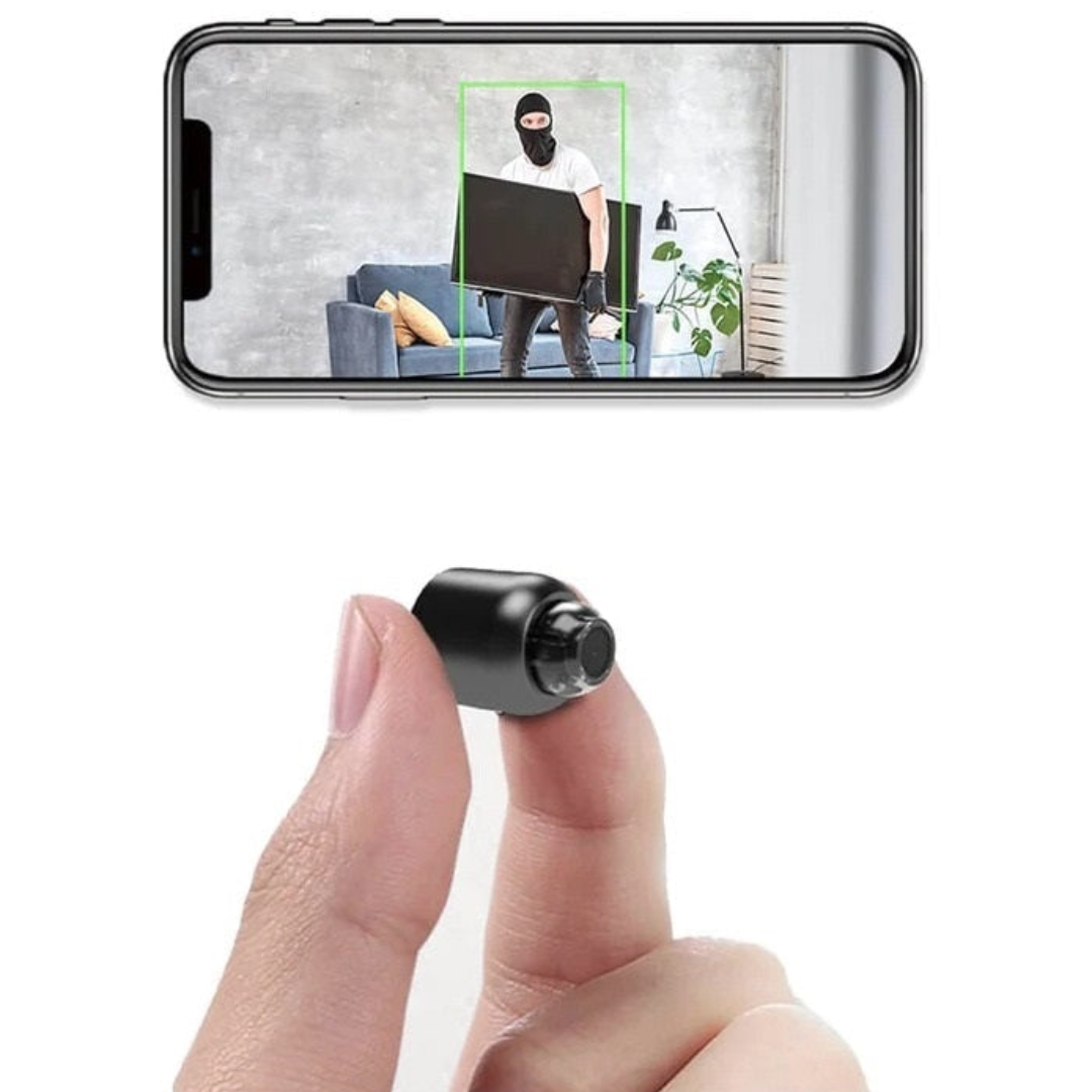 Caméra de sécurité miniature détectant un cambrioleur masqué portant une télévision, affichée sur un smartphone. Sécurité maison, surveillance discrète.