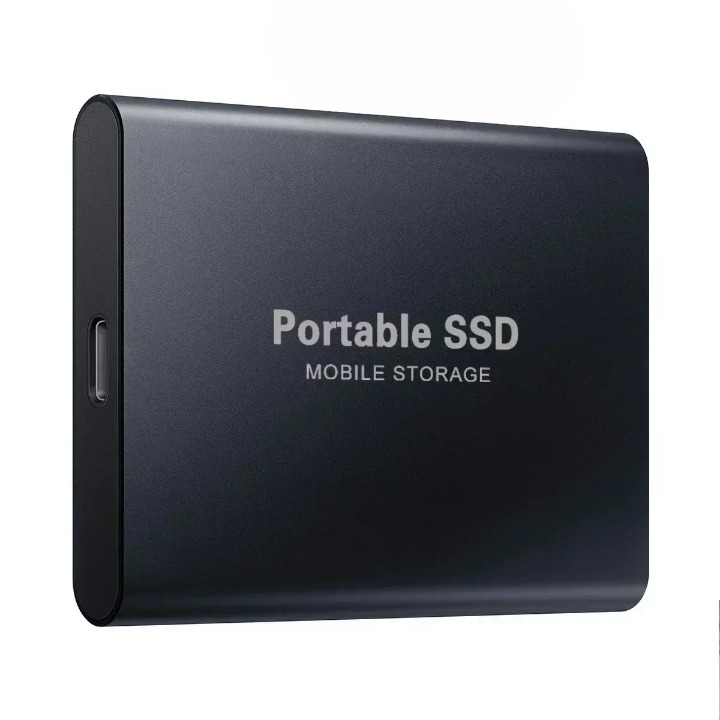 Disque SSD portable noir, stockage mobile, connectique USB-C, design compact et moderne, idéal pour sauvegarde rapide et transport facile.