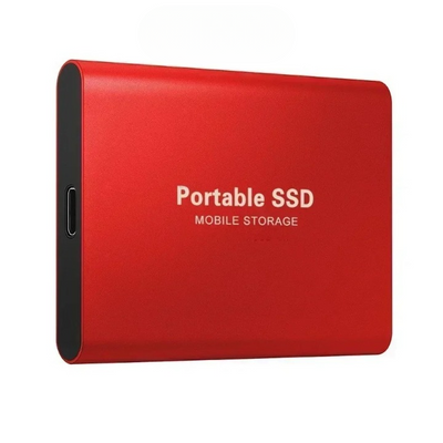 Disque SSD portable rouge, stockage mobile rapide, connectique USB-C, design compact et léger, idéal pour sauvegarde et transfert de données.