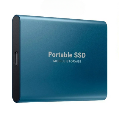 Disque SSD portable bleu, stockage mobile compact, connectique USB-C, haute vitesse, idéal pour sauvegarde et transfert de données.
